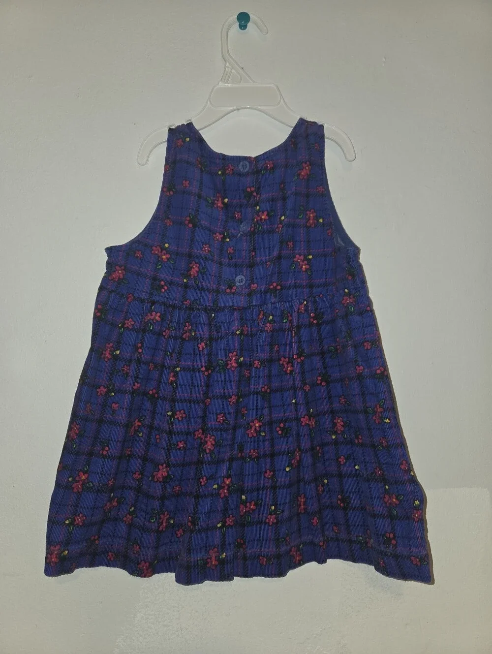 Oshkosh Vintage Purple Blue Plaid Dress with Pink Floral Accents 3t